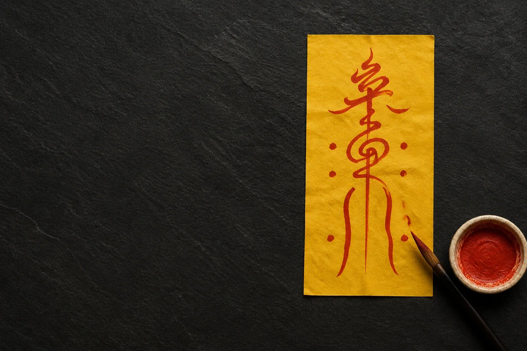A hand-brushed yellow fu talisman written in cinnabar ink on rice paper