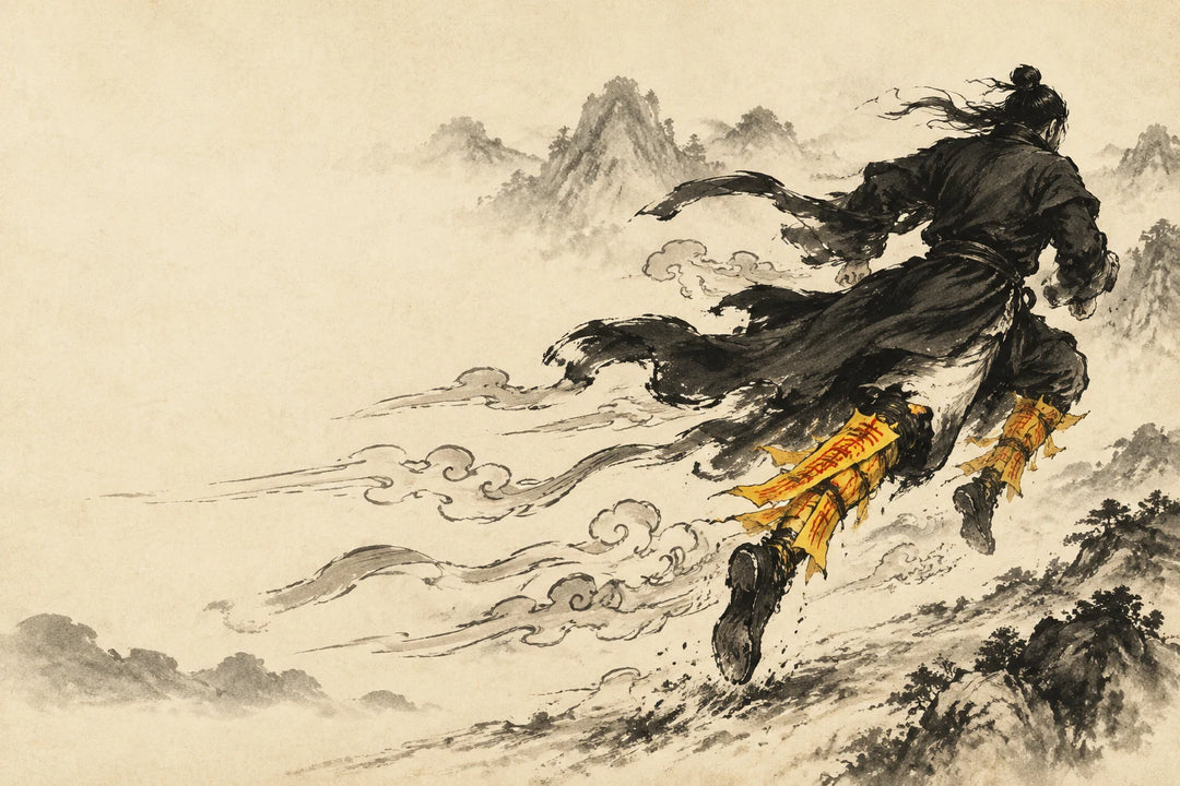 Ink painting of Dai Zong the Divine Traveller running with paper talismans tied to his legs