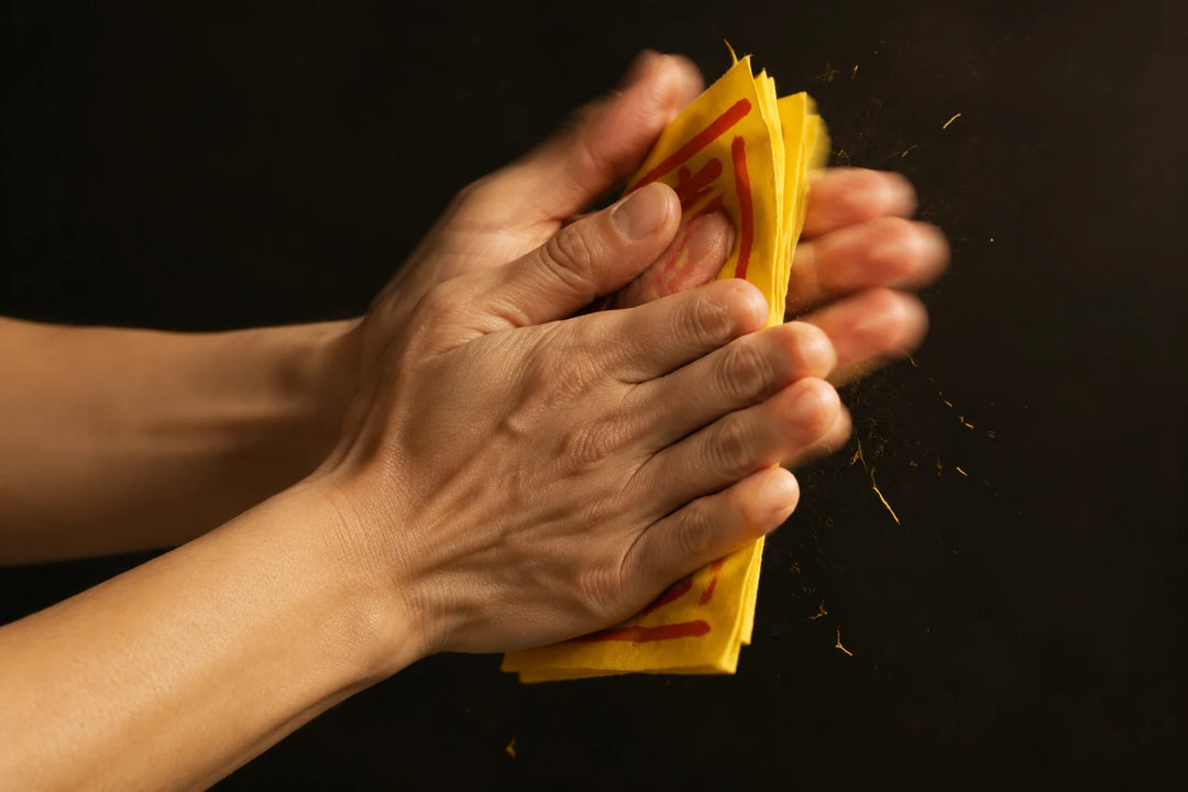 Hands smoothing a strip of yellow talisman tape along a calf