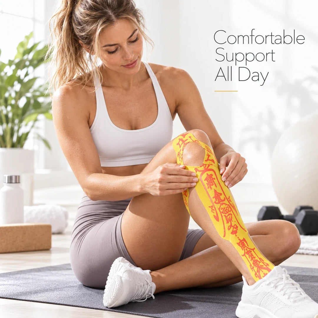 Talisman tape applied across a runner's knee