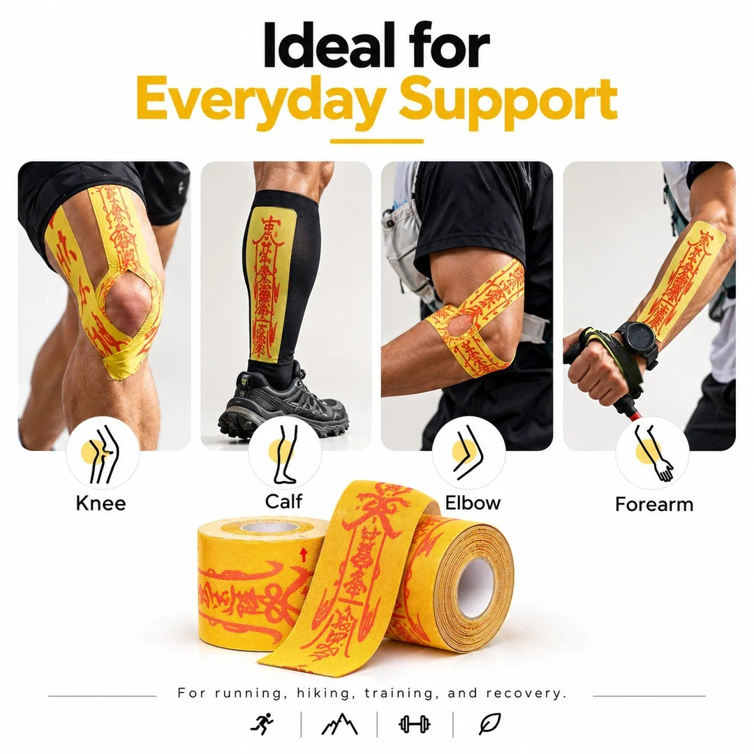 Talisman tape applied to knee, calf, elbow and forearm