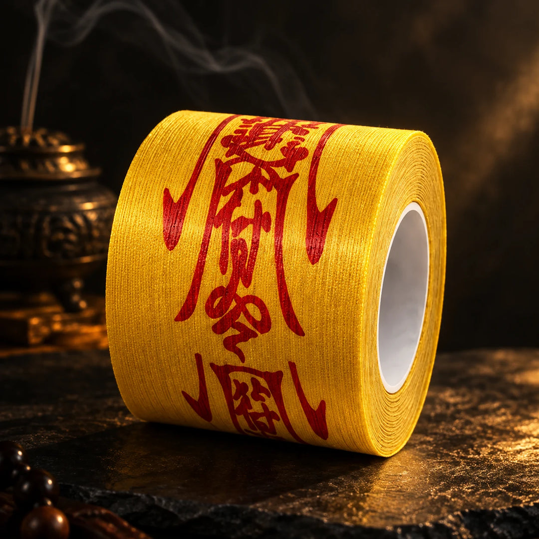 Roll of yellow SHENXING speed talisman kinesiology tape printed with a red Taoist fu