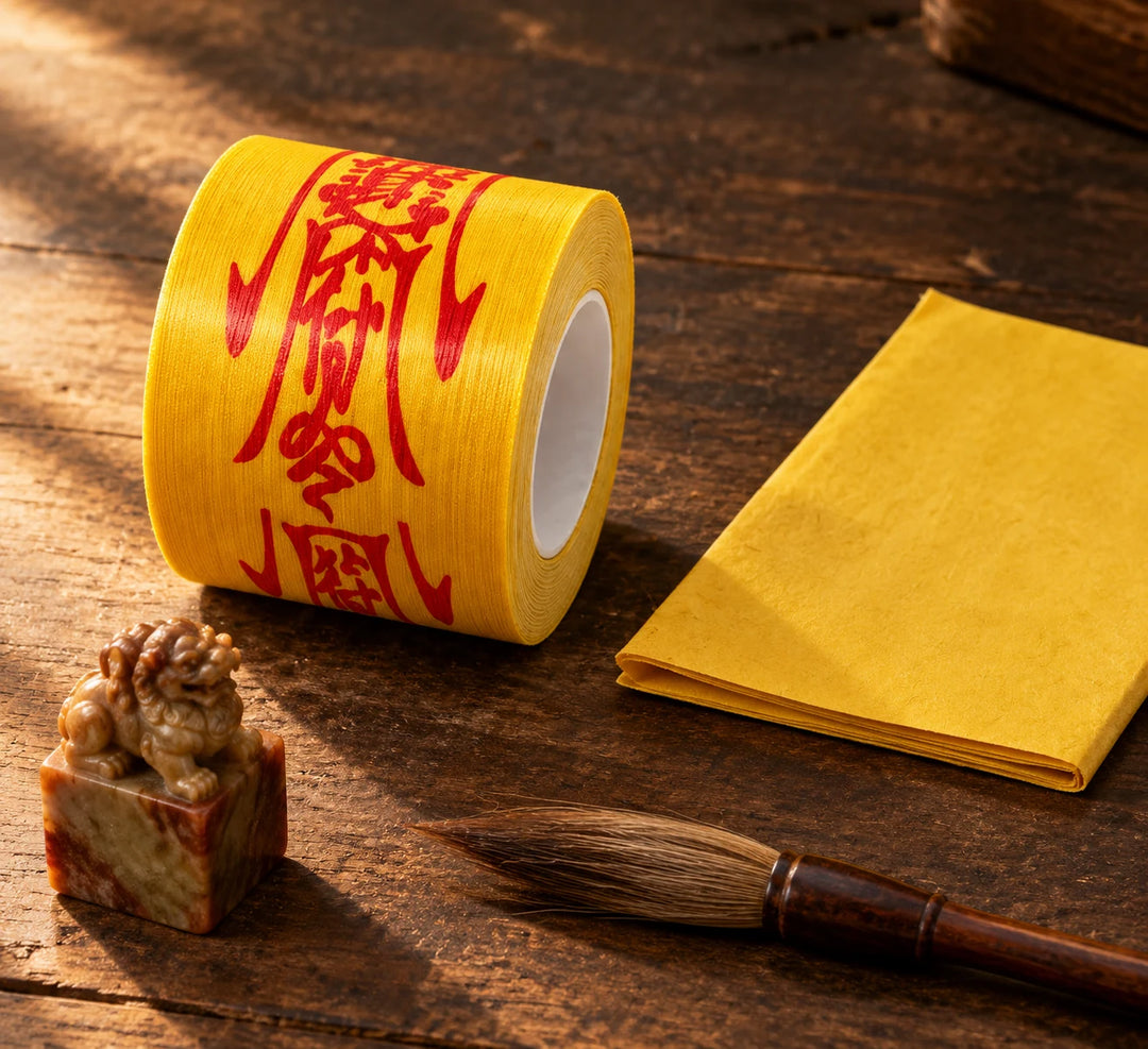 Yellow talisman tape roll beside a hand-drawn fu on rice paper
